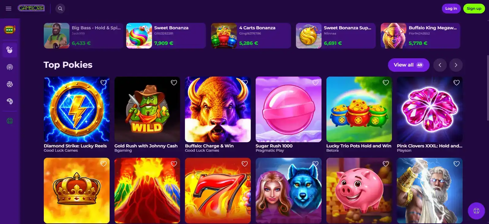 Gambloria casino homepage and game lobby interface